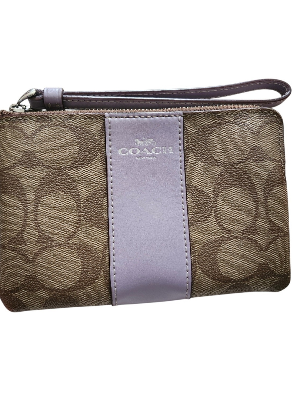 Coach Brown Signature Canvas Wristlet with Lavender Center Stripe